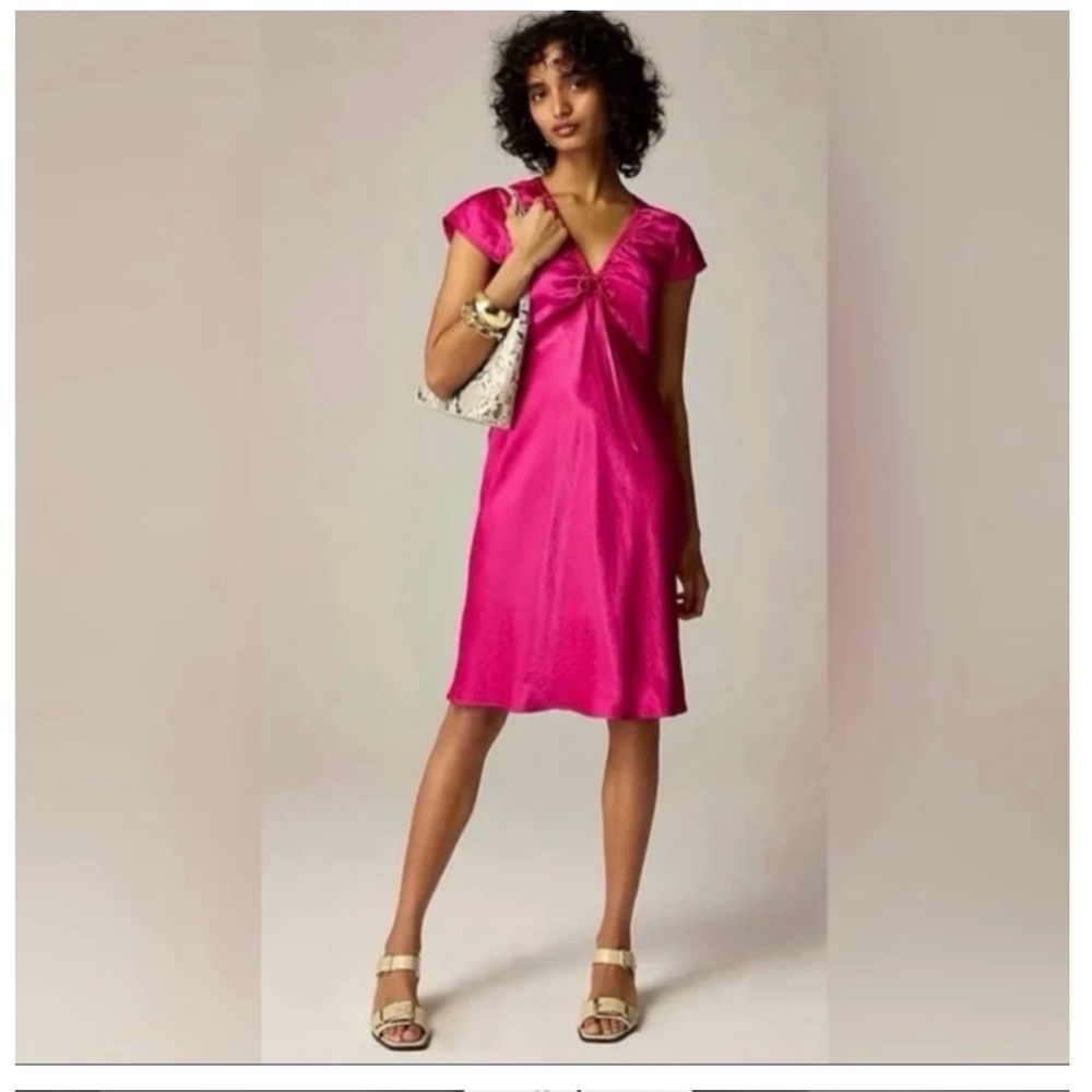 J. Crew NWT 14 Fuchsia Pink Satin Midi Dress Sateen Beautiful Flattering Holiday